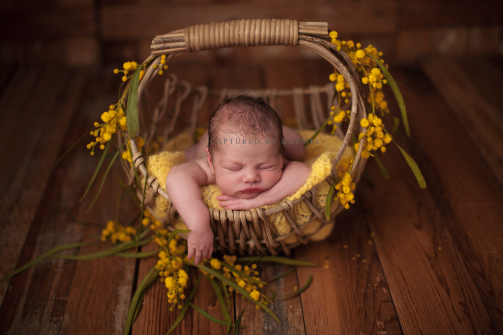 baby newborn photo yellow flowers