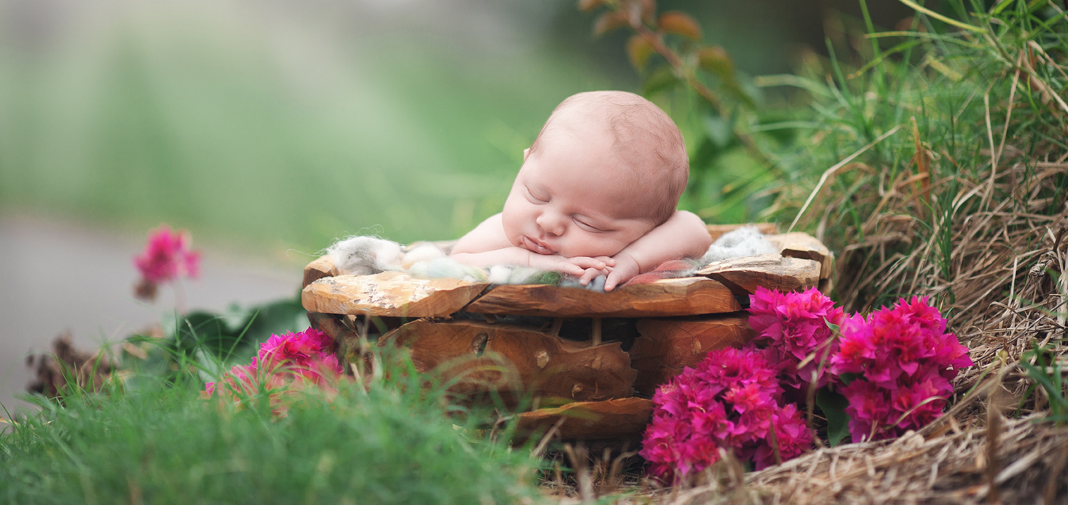 newborn asleep outside with flowers